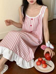 DAZY Striped Ruffle Trim Adjustable Strap Midi Nightgown For Women - Red - View 3