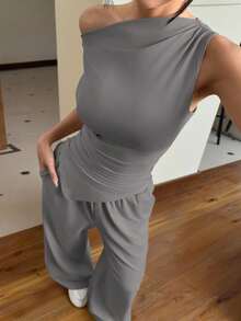 Muchica 2pcs Women Solid Color Asymmetric Hem Knit Top And Pants Set,Business Casual Woman,Summer Sets - Grey - View 3