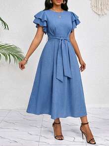 SHEIN Lady Vestido midi de mujer de unicolor con cuello redondo, mangas con volantes y cinturón - Azul - Ver 4