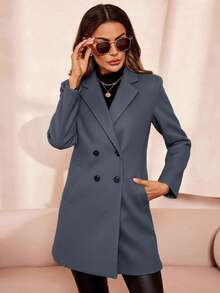 SHEIN Clasi 女士秋冬双排扣羊毛大衣 - 霧霾藍 - 查看 5