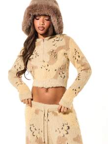 SUMWON WOMEN 毛绒豹纹长袖开襟羊毛衫，带帽，适合秋冬季舒适叠穿 - 杏色 - 查看 4