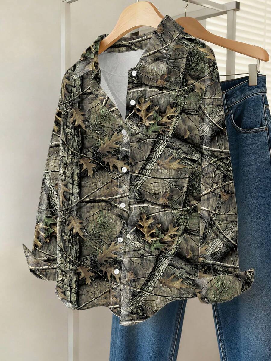 INAWLY Camicia con stampa a rami d'albero, moda autunnale per taglie comode - Multicolore - Visualizzare 1