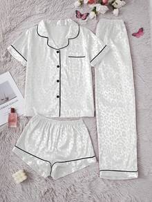 SHEIN Bộ 3 đồ ngủ lụa giả cổ họa tiết da báo thanh lịch dành cho nữ, quần short tay ngắn và quần dài - trắng - Xem 1