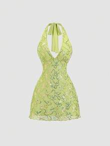 SHEIN TRNDY Women's Deep V-Neck Hollow Sequin Mini Party Beach Dress, Green - Green - View 2