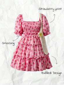 Breezaya Summer Fashion Versatile Premium Quality Waisted Women Strawberry Print Shift Dress Strawberry Dress Women Pink Strawberry Dress Cottagecore Dress Milkmaid Dress Women Strawberry Print Dress Vacation Outfits Woman - Multicolor - View 7