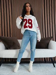 SAYEHFBABY 男女情侣同款街头休闲针织条纹数字印花超大针织罩衫上衣秋冬校园风 - 白色 - 查看 6