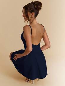 SHEIN BAE 白色纯色无袖A字露背优雅连衣裙，适合度假、约会、音乐节、生日、早午餐、婚礼宾客、伴娘等场合，露背设计，白色连衣裙 - 藏蓝色 - 查看 9