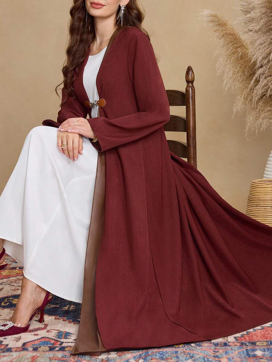 Al Najma Women's Retro Color Block Loose Long Abaya Robe, Suitable For Daily Commute - Redwood - View 1