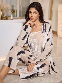 LuxeNights 3pcs Women's Comfortable & Fashionable Gold Velvet Pajama Set - Black and White - View 5
