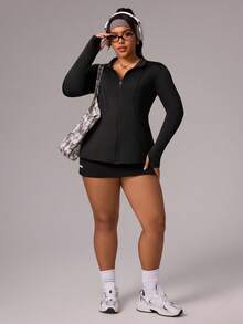 Rhythm Era Chaqueta deportiva de manga larga con cierre frontal ajustada de unicolor para mujer de talla grande - Negro - Ver 7