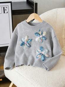 Sparklyn Young Girl Floral Applique Decor Round Neck Long Sleeve Casual Sweater, Autumn/Winter Girls Sweater Dress Little Girl Floral Long Sleeve Party Dress Girl Clothes Autumn And Winter Clothes Autumn And Winter Young Girls Dressse Girl S Spring And Autumn Dress - Grey - View 3