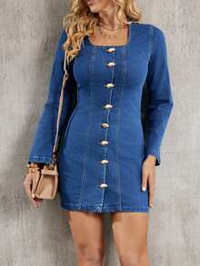 Elenzga Front Button Fitted Long Sleeve Casual Versatile Women Denim Dress - Blue - View 5