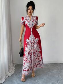 SHEIN Elenzya 2025新款女士深红色优雅性感V领开衩下摆修身长裙，适合女士婚礼、正式晚宴、派对、约会、情人节等场合（花卉图案） - 紅色 - 查看 4