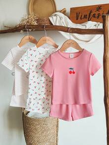 SHEIN Vintaside Kids 6件套女婴新生儿幼儿0-3岁春夏新款可爱兔子纯色条纹T恤短裤套装 - 粉色 - 查看 3