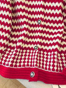 GlowEve CURVE 女士休闲条纹撞色针织开衫，宽松修身长袖大码外套，秋冬款 - 紅色 - 查看 5