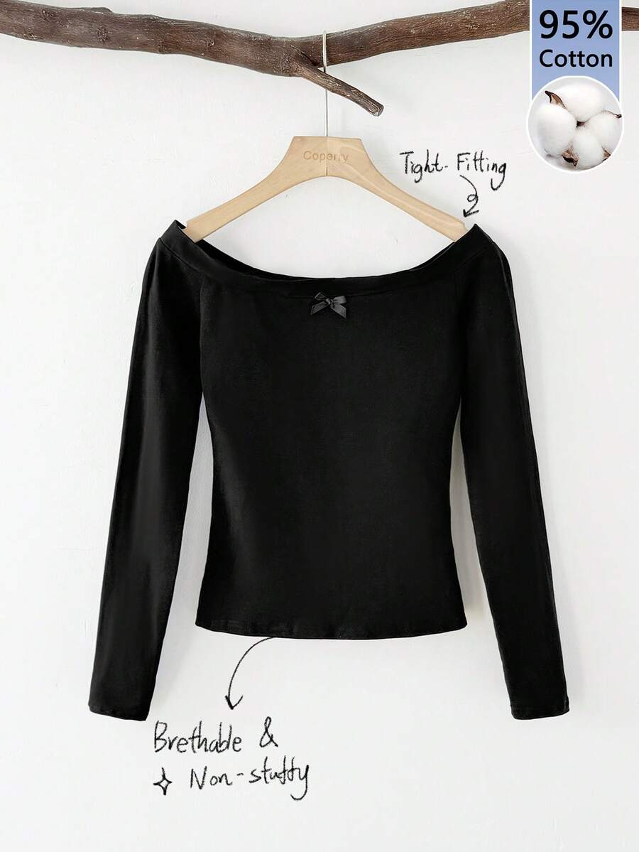 SHEIN BASICS Áo thun dài tay hở vai màu đen, 95% cotton, đơn giản, tối giản, đa năng, ôm vừa vặn, có nơ nhỏ dành cho nữ, phù hợp cho mùa thu/đông, cổ điển, thanh lịch, gợi cảm, dễ thương, thời trang đường phố, cổ điển, trở lại trường học - màu đen - Xem 1
