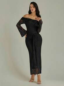 Modelyn 女士露肩长袖褶皱侧系带蕾丝优雅连衣裙 - 黑色 - 查看 6