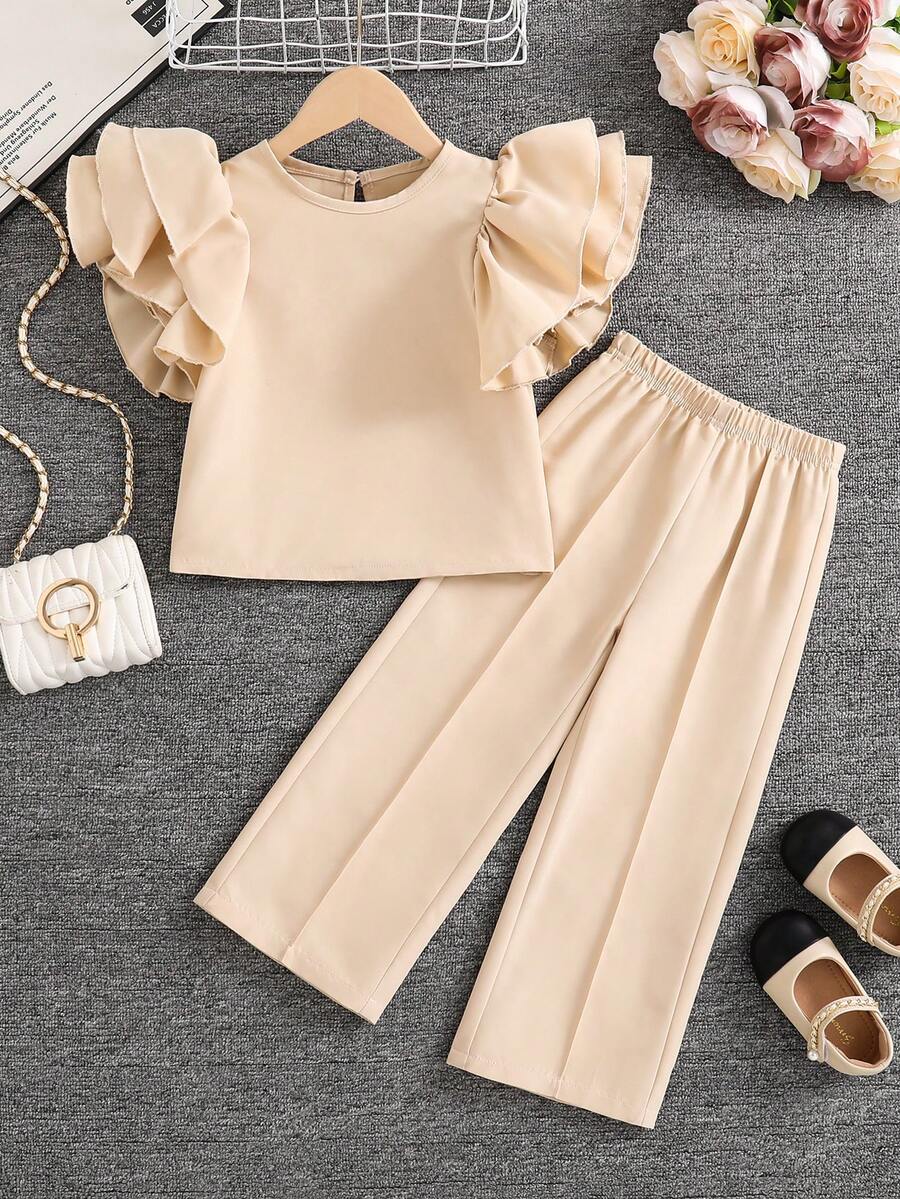 SHEIN Elladie kids Bộ áo thun tay ngắn và quần dài thời trang tối giản cho bé gái - Màu Khaki - Xem 1