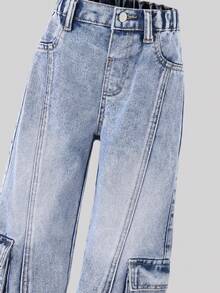 Young Boy Distressed Washed Light Blue Denim Jeans, Relaxed Fit Design With Practical And Fashionable Elements - Medium Wash - View 8