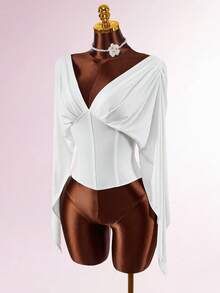 Amplova Women's Deep V-Neck Backless Loose Fit T-Shirt, Suitable For Early Spring - White - View 7