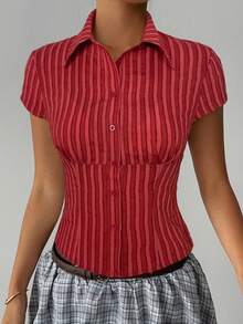 Aloruh 女士红色条纹优雅翻领短袖收腰衬衫，通勤、日常穿着皆宜，春夏皆宜 - 紅色 - 查看 7