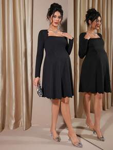 Momance Elegant Maternity Dress With Square Neckline And Ruffle Hem - Black - View 6