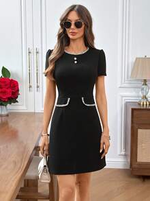 EMERY ROSE 女士优雅缎带装饰修身迷你连衣裙，夏季 - 黑色 - 查看 5