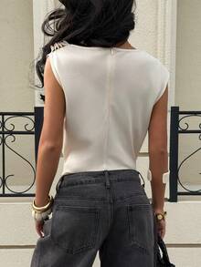 Siren Gaze Women Elegant Beige Summer Office Sleeveless Top,Pearl Pleated Chiffon Blouse,Fashionable Draped Cowl Neck Shirt,Modest Chic Teacher Things Cream Top - Apricot - View 2