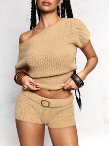 ROMWE J-Fashion Vintage Sexy Glitter Knit Adjustable Asymmetrical Shoulder Women Sweater Set - Gold - View 2