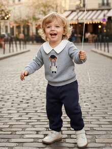 Souflis Souflis 2pcs/Set Young BoyRetro 2025 Autumn/Winter Thickened Light Gray Sweatshirt & Navy Casual Sweatpants Suit - Multicolor - View 9