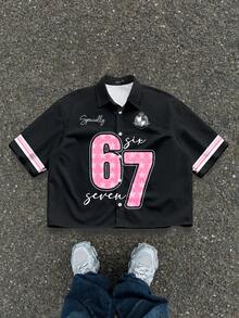 Manfinity ZONE917 休闲宽松短款衬衫，街头风学院风 Logo 67 图案印花，粉白配色 - 黑色 - 查看 1