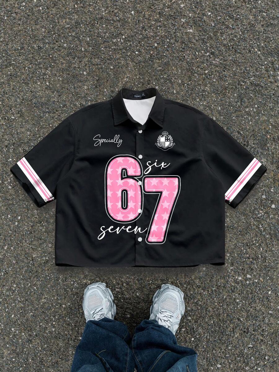Manfinity ZONE917 休闲宽松短款衬衫,街头风学院风 Logo 67 图案印花,粉白配色 - 黑色 - 查看 1