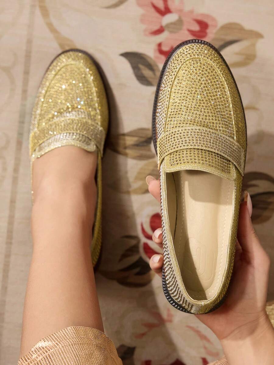 CUCCOO TILAWA Women's Fashion Commuter Rhinestone Loafer Flats For Christmas - Gold - View 1