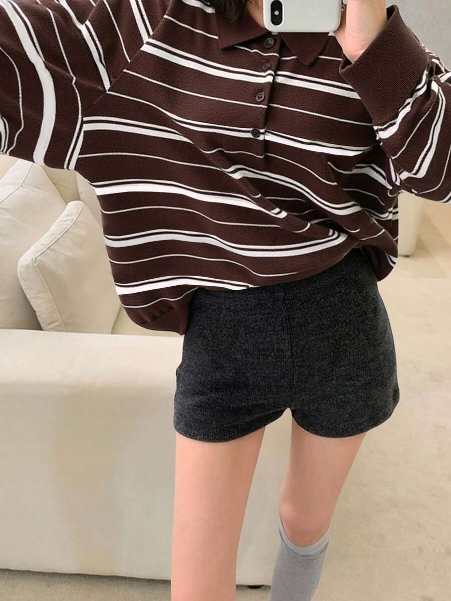 DAZY Women's Loose Fit Polo Collar Striped Sweater, Elegant And High-Quality - Brown - View 1