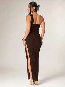 Silquee Women's Solid Color Sleeveless Ruched Side Slit Hem Fitted Dress - Coffee Brown - View 2