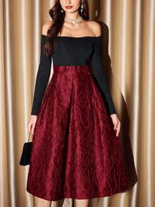 Vintamour 复古优雅女士连衣裙，带口袋，玫瑰提花纹理拼接撞色长袖，适合节日派对、正式场合、万圣节、圣诞节、圣诞派对等场合，也可作为女士万圣节服装、圣诞派对礼服、优雅派对连衣裙、女士派对礼服、派对服装、优雅晚礼服等。 - 酒紅色 - 查看 3