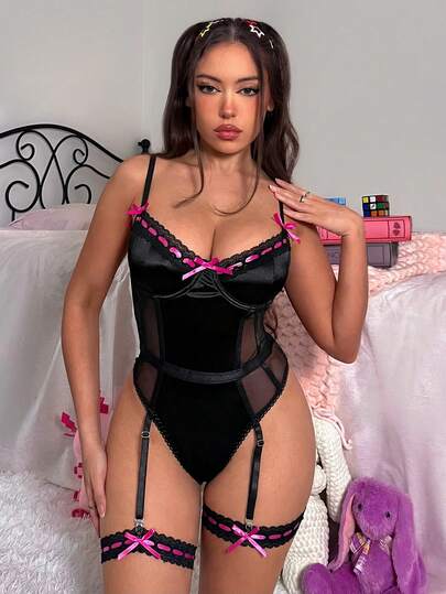 Eraneu Set de 3 piezas de body sexy con aro de acero y moño de colores