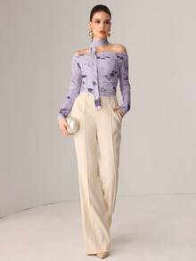 NOVVYNE Autumn Knitted Sexy Sheer Mesh Ribbon Print T-Shirt Light Purple Top - Mauve Purple - View 8