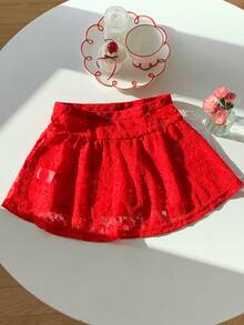 Comfortcana 女士红色蕾丝迷你裙：休闲半透明针织裙，荷叶边下摆细节，圣诞节女士红色蕾丝裙 - 紅色 - 查看 4