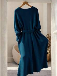 GlowEve CURVE Plus Size Elegant Solid Color Front Button Closure Dress, Autumn/Winter - Blue - View 2