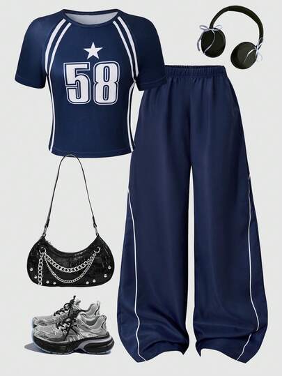 SHEIN ChillGRL 1 Set Girls Casual Sports Fashion New Knitted Short Sleeve T-Shirt And Loose Straight Leg Pants Set, Featuring Numeric And Striped Patterns, Suitable For Outings, Parties, Travel, School, Indoor Occasions, Spring/Autumn/Winter