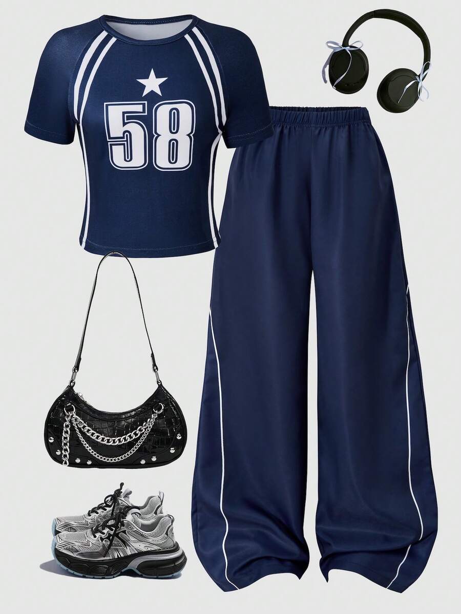 SHEIN ChillGRL 一套女童休闲运动时尚新款针织短袖T恤和宽松直筒裤套装，采用数字和条纹图案，适合外出、聚会、旅行、上学、室内活动，春/秋/冬季皆宜。 - 寶藍色 - 查看 1