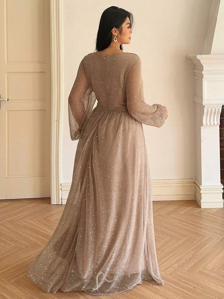 Dazy Plus Valentine Elegant Sequin Cinched Waist Lantern Sleeve Dress, Plus Size Women, Spring/Summer Prom Dress New Years Women Outfit Carnival Sparkly Dress Sundress