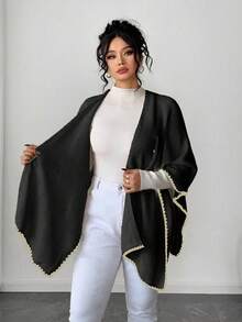 Elenzga 女士优雅时尚宽松加大码毛衣斗篷，适合秋冬季外套穿着 - 黑色 - 查看 3