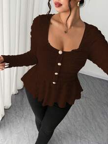 SHEIN Elenzya Plus Size Women's New Spring/Summer/Autumn Casual Commute Travel Shirt, Textured Fabric Asymmetric Hem Bell Sleeve Side Metal Decor Design, Autumn - Brown - View 6
