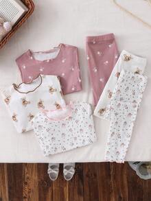 SHEIN LMoss Kids 6pcs/Set Piyama Rajut Kasual Nyaman Motif Beruang Kartun Lucu & Bunga dengan Hiasan Ruffle dan Kerah Bulat, Lengan Pendek, dan Celana Panjang untuk Anak Perempuan - MultiWarna - View 3