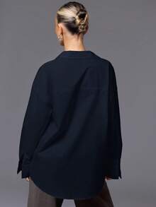 MUSERA Solid Drop Shoulder Button Front Shirt OversizedElegant Spring Summer Office Work Luxury Streetwear - Navy Blue - View 3