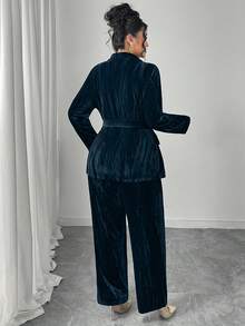 Graceveil Plus Size Solid Color Velvet Long Sleeve Suit Set, Elegant For Commuting Abayas - Navy Blue - View 2