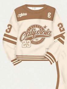 Tween Girl Retro American College Style Knit Crew Neck Letter Graphic Loose Sweatshirt And Flare Leg Pants 2 Pieces Casual Set - Multicolor - View 4