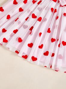 SHEIN Young Girl Valentine's Day Prom Skirt, Fuchsia Cute Shiny Heart & Bow Waist, Pink Tulle Skirt, Suitable For Sweet & Lovely Daily - Multicolor - View 3